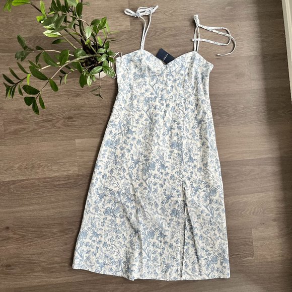 NWT Lucky Brand Blue & White Lined Bustier Style Floral Midi Dress w Side Slit - Picture 1 of 13